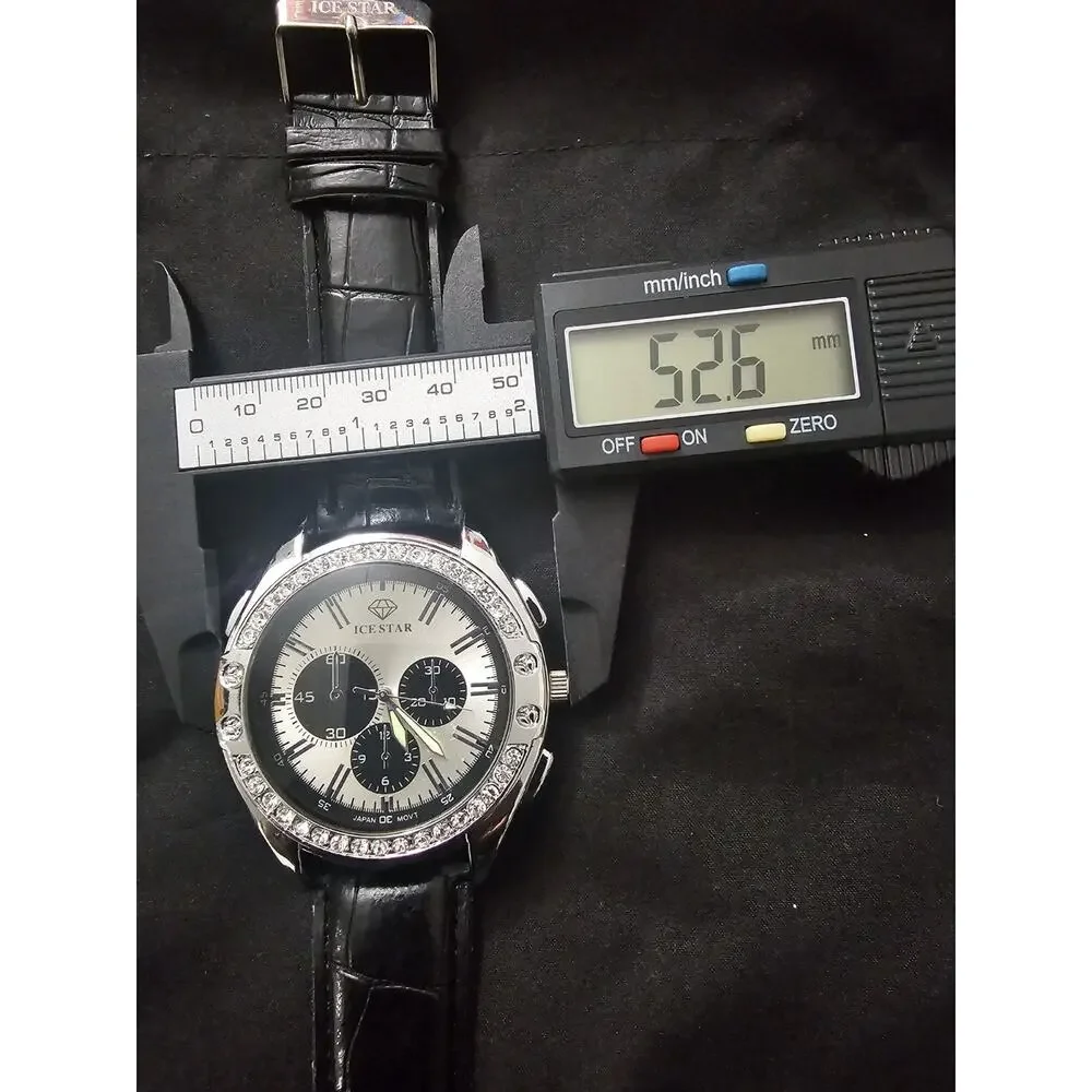 Silver Men's Fashion Chronograph Quartz Wristwatch Black Leather